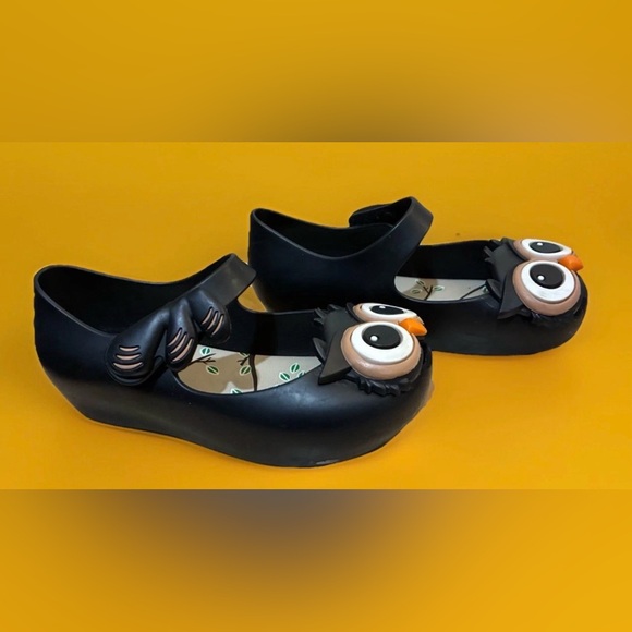 Mini Melissa Black Big Eyes Owl Shoes Girls Size 8 - Picture 3 of 14